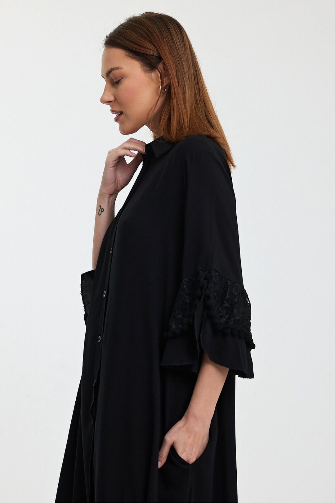 (4P.PACK) Lace Detail Shirt Maxi Dress with Pockets in Black