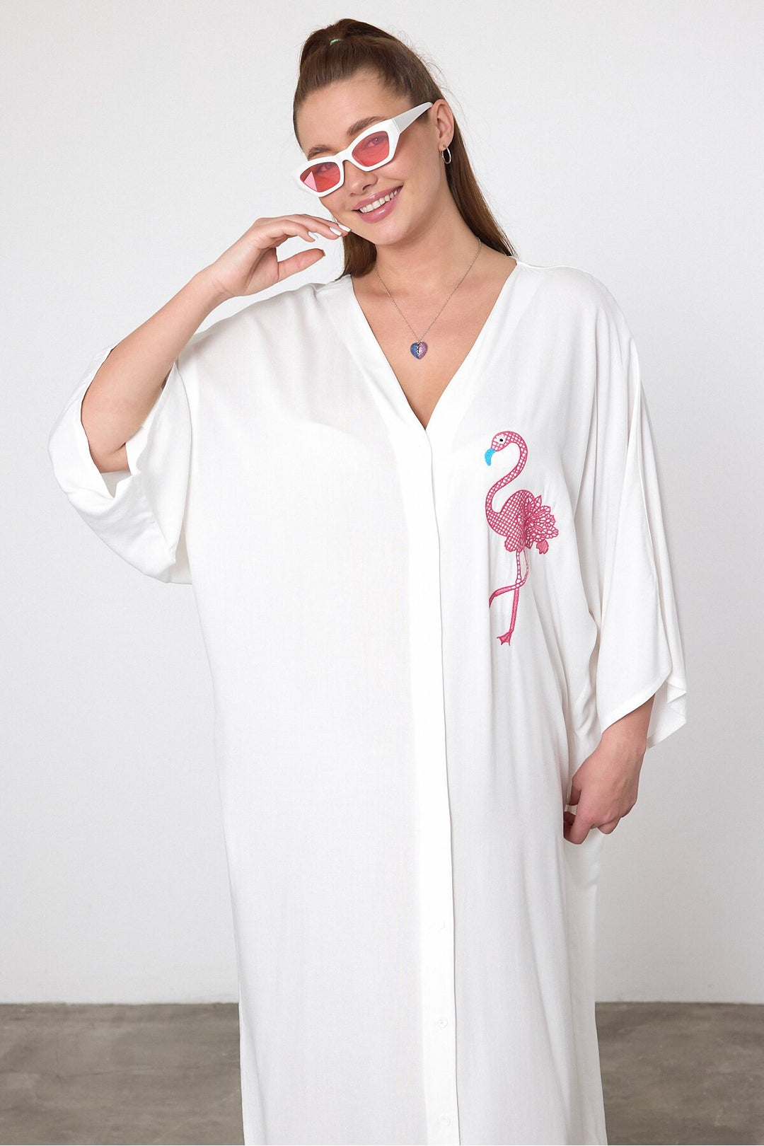 (4P.PACK) Flamingo Embroidered Oversized Shirt Maxi Dress in White
