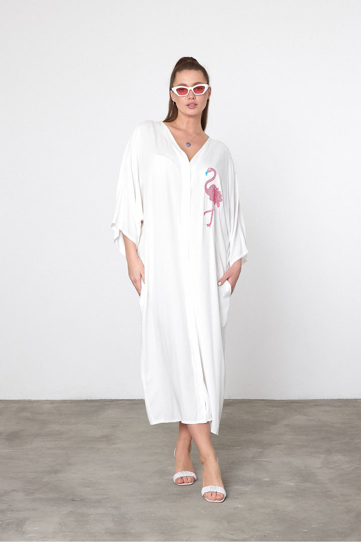 (4P.PACK) Flamingo Embroidered Oversized Shirt Maxi Dress in White