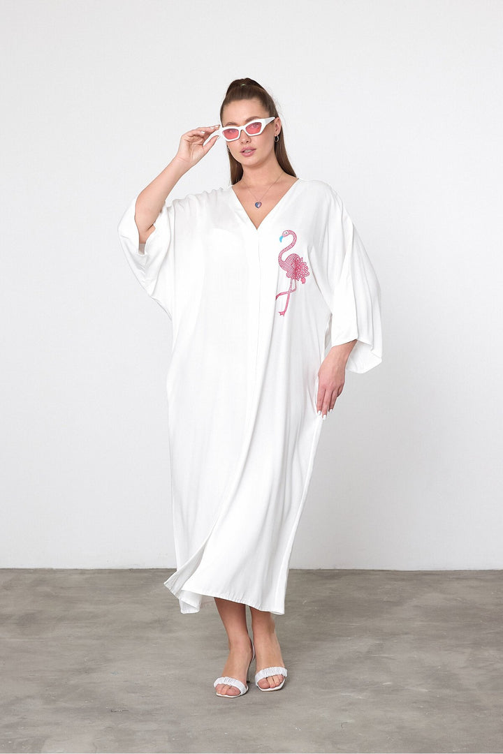 (4P.PACK) Flamingo Embroidered Oversized Shirt Maxi Dress in White
