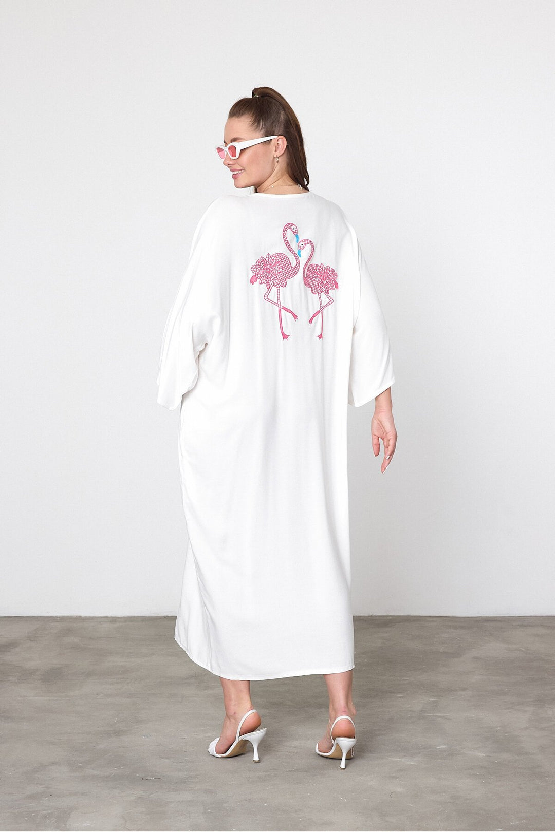 (4P.PACK) Flamingo Embroidered Oversized Shirt Maxi Dress in White