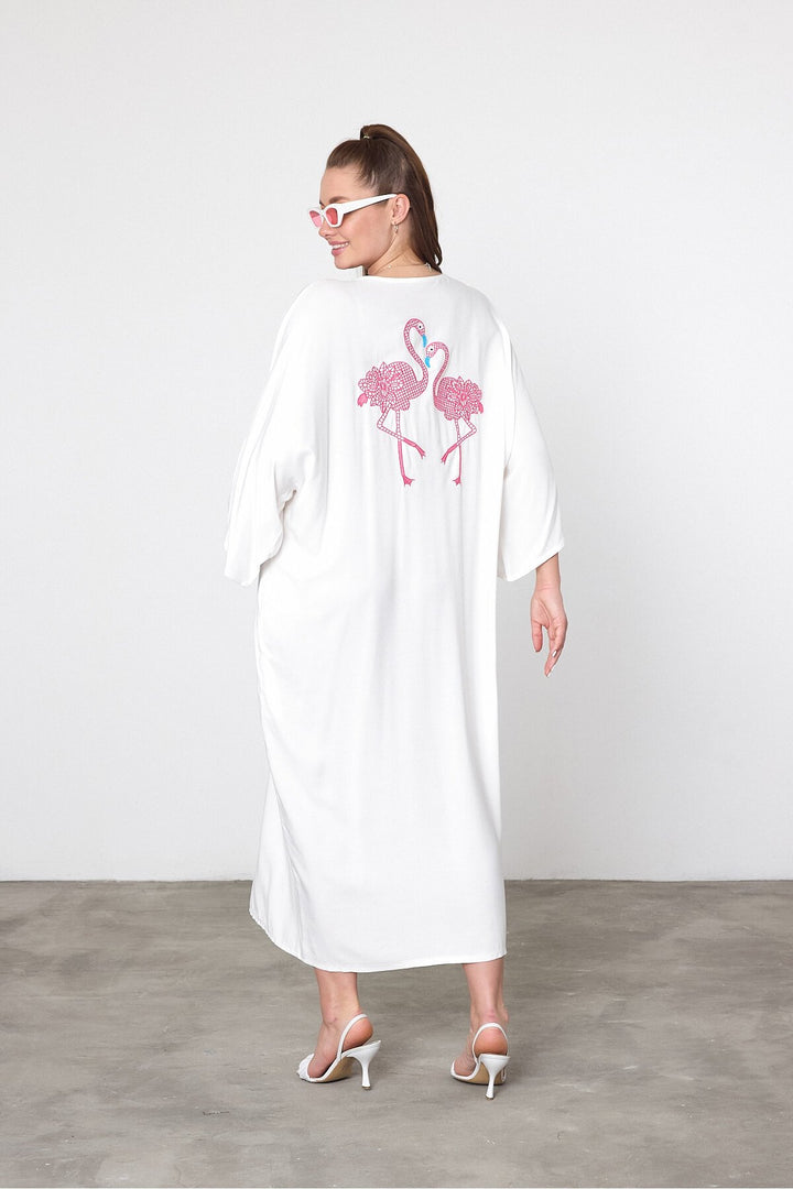 (4P.PACK) Flamingo Embroidered Oversized Shirt Maxi Dress in White
