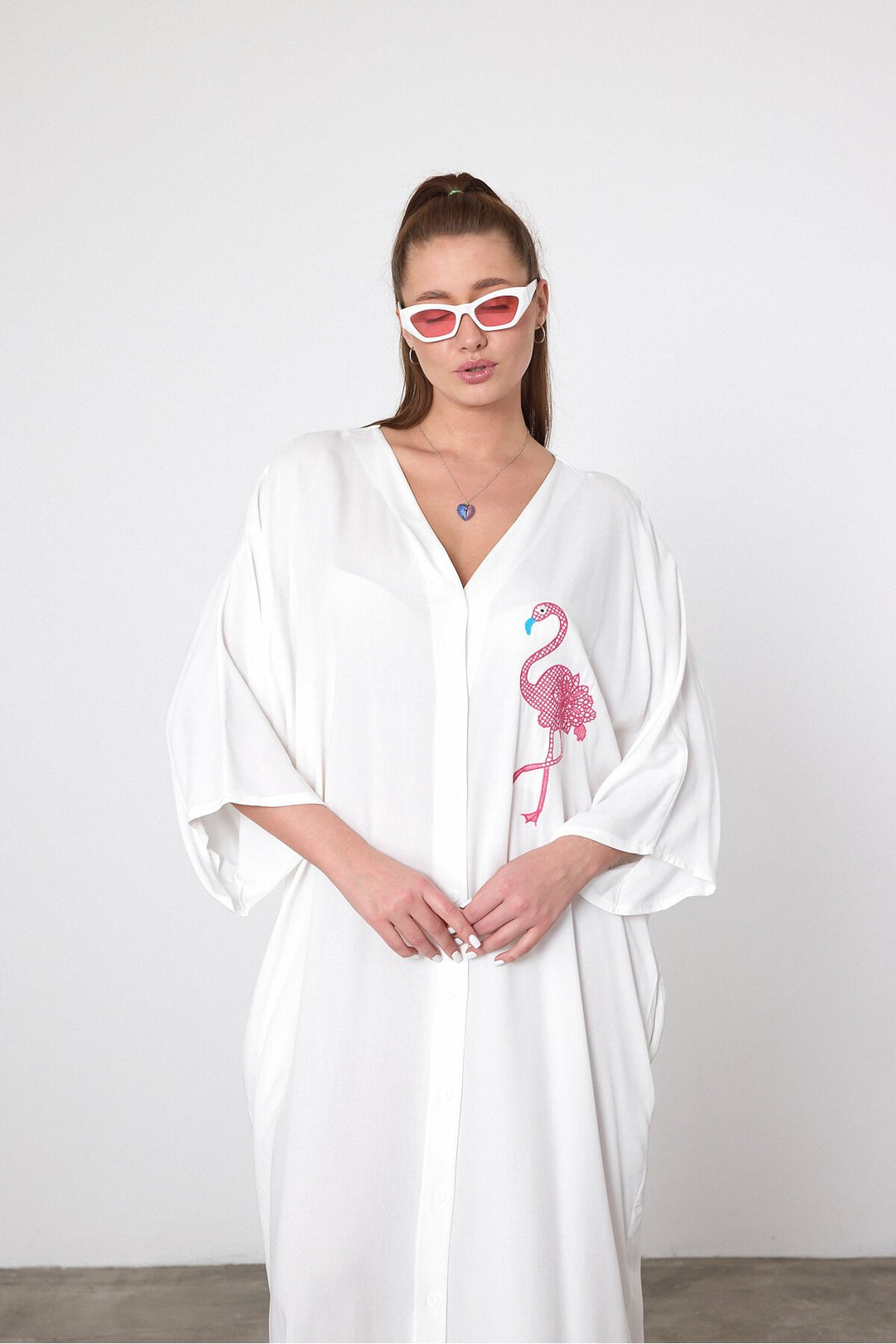 (4P.PACK) Flamingo Embroidered Oversized Shirt Maxi Dress in White