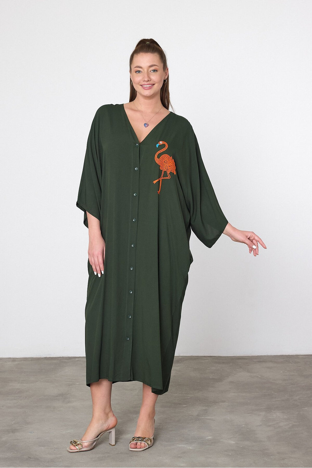 (4P.PACK) Flamingo Embroidered Oversized Shirt Maxi Dress in Khaki