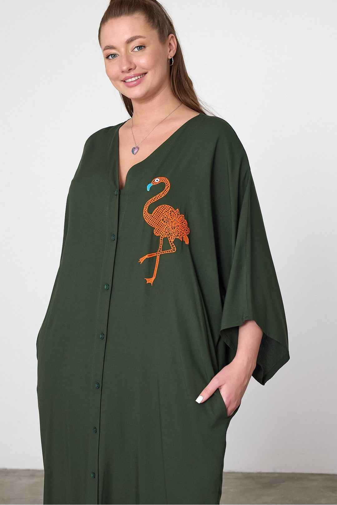 (4P.PACK) Flamingo Embroidered Oversized Shirt Maxi Dress in Khaki