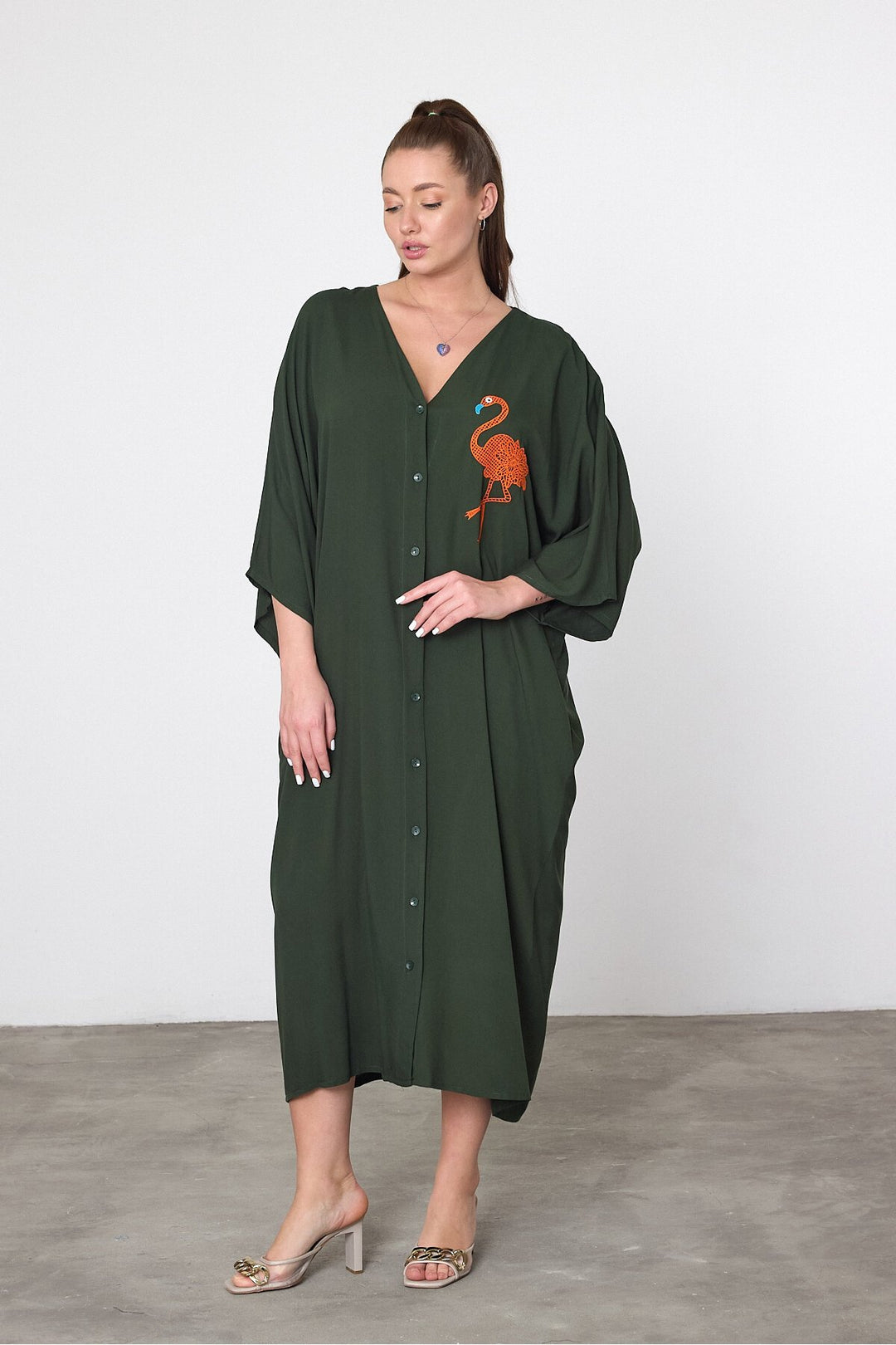 (4P.PACK) Flamingo Embroidered Oversized Shirt Maxi Dress in Khaki