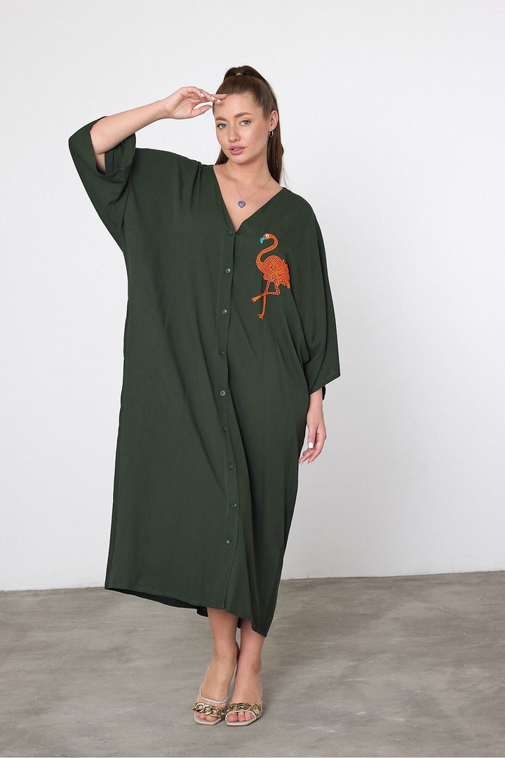 (4P.PACK) Flamingo Embroidered Oversized Shirt Maxi Dress in Khaki