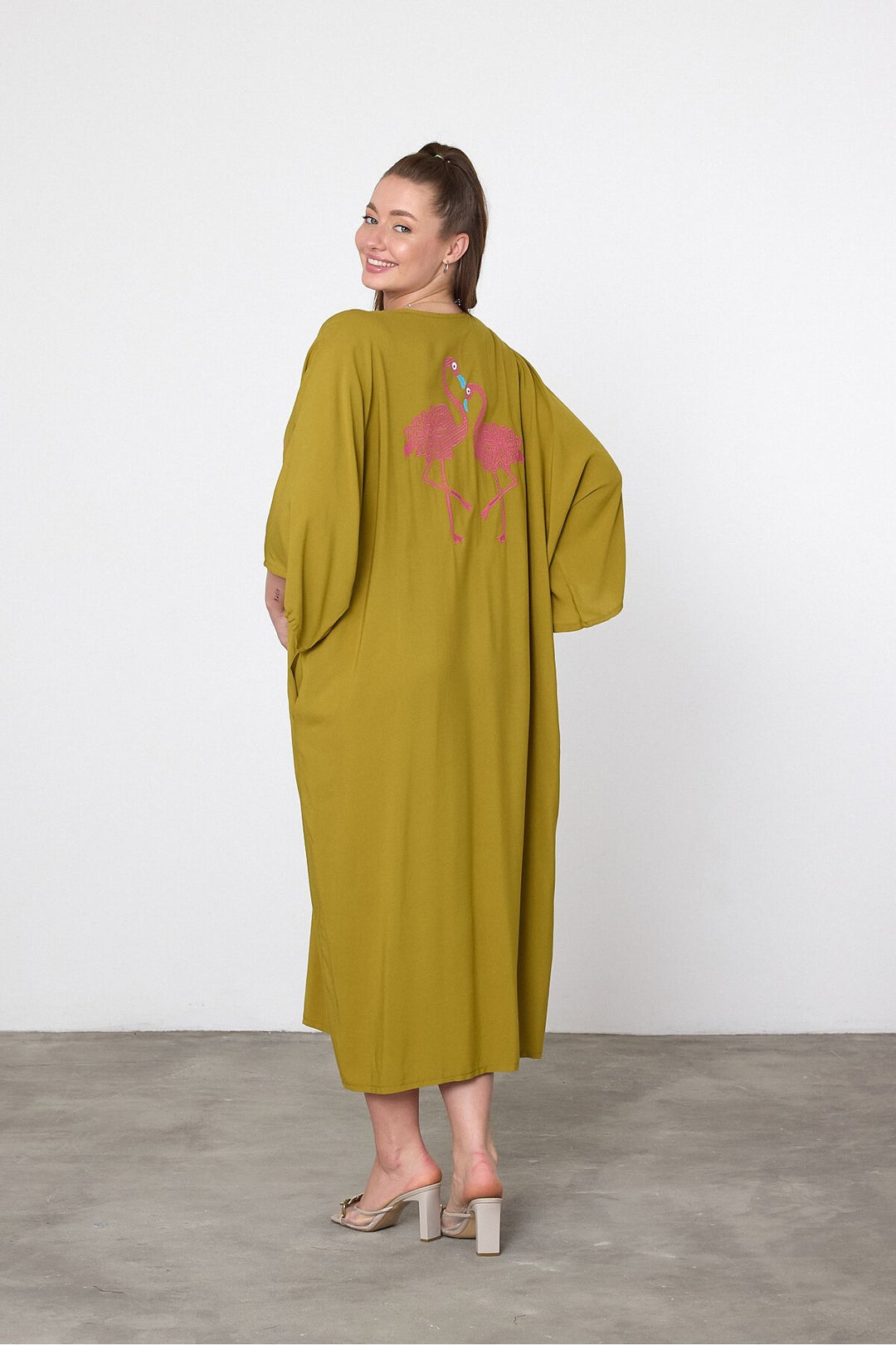(4P.PACK) Flamingo Embroidered Oversized Shirt Maxi Dress in Mustard