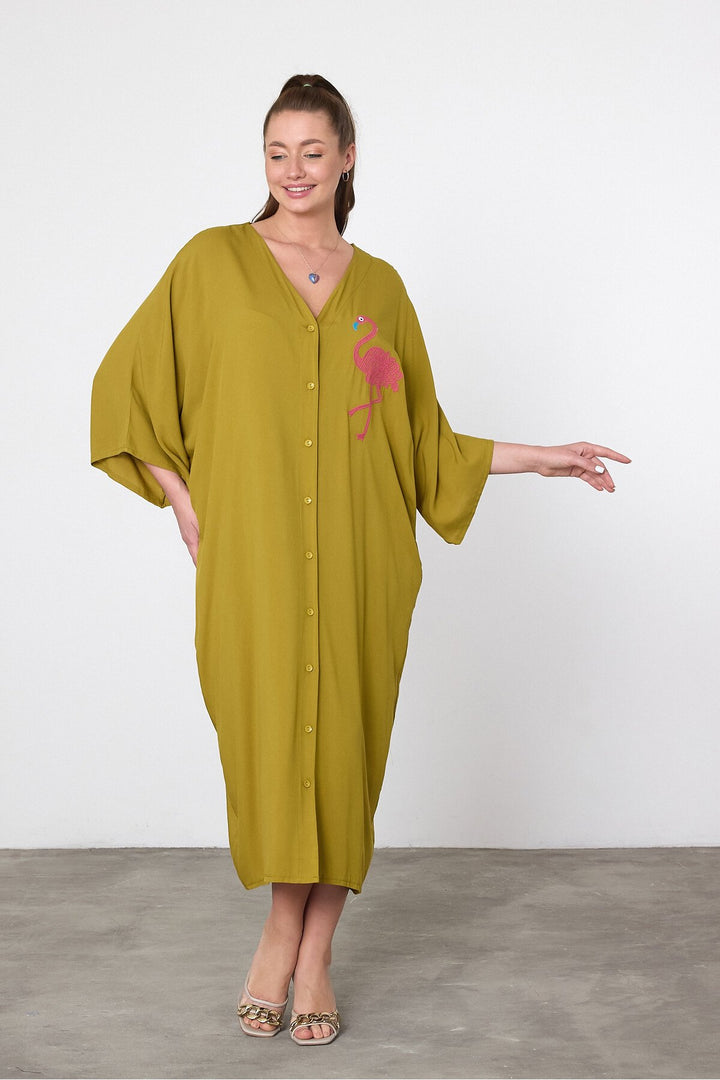 (4P.PACK) Flamingo Embroidered Oversized Shirt Maxi Dress in Mustard