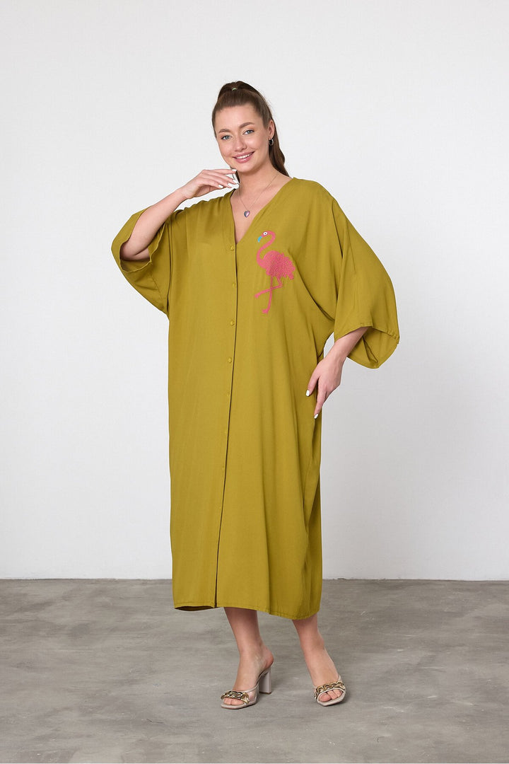 (4P.PACK) Flamingo Embroidered Oversized Shirt Maxi Dress in Mustard