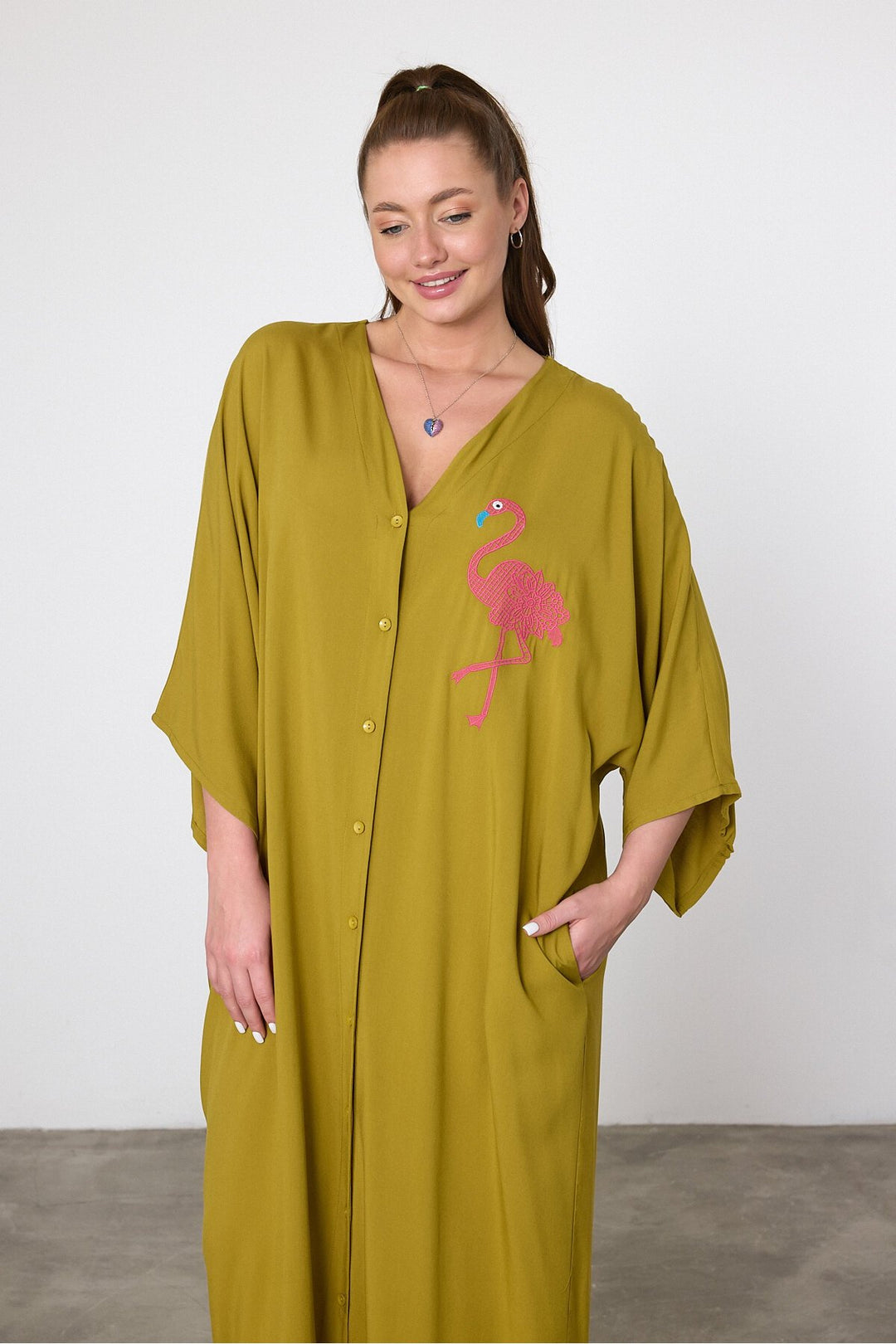 (4P.PACK) Flamingo Embroidered Oversized Shirt Maxi Dress in Mustard
