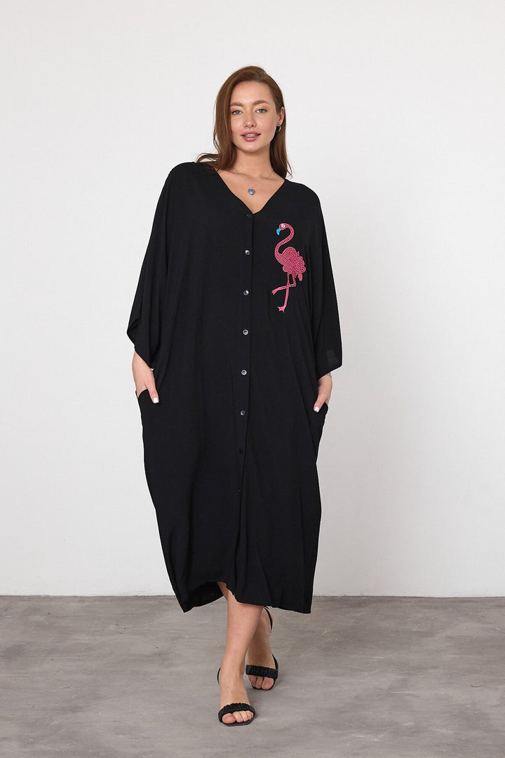 (4P.PACK) Flamingo Embroidered Oversized Shirt Maxi Dress in Black
