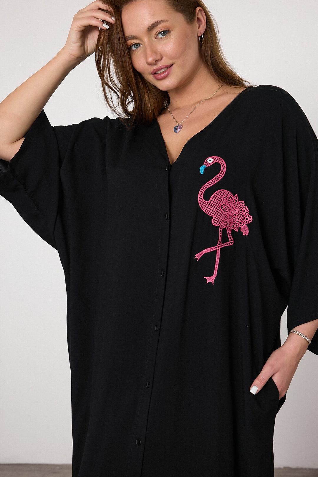 (4P.PACK) Flamingo Embroidered Oversized Shirt Maxi Dress in Black