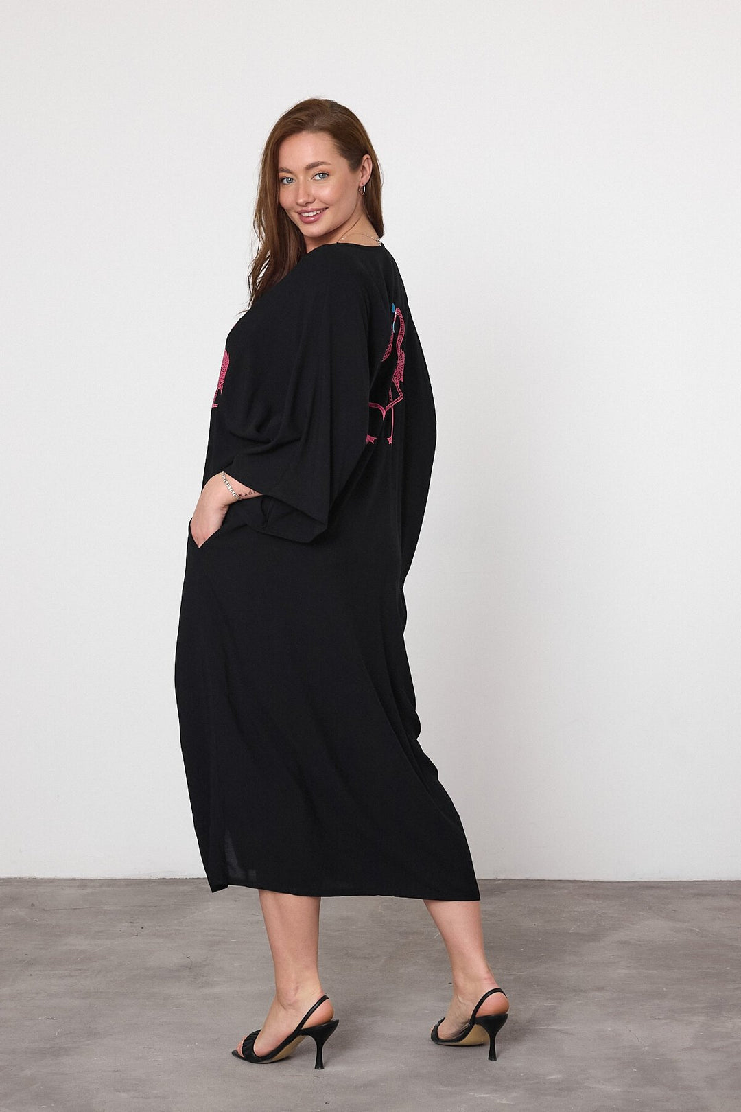 (4P.PACK) Flamingo Embroidered Oversized Shirt Maxi Dress in Black