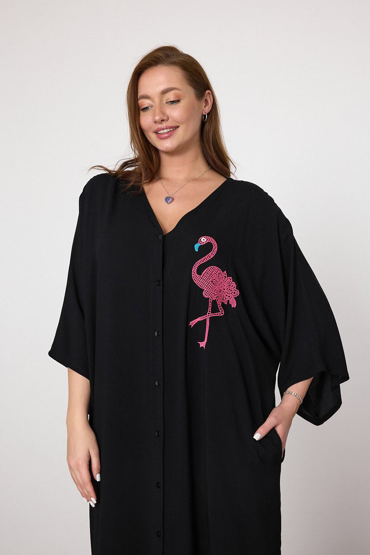 (4P.PACK) Flamingo Embroidered Oversized Shirt Maxi Dress in Black