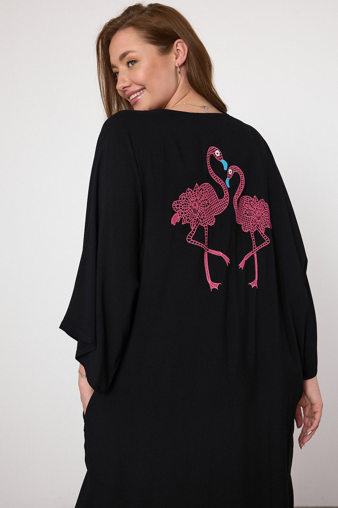 (4P.PACK) Flamingo Embroidered Oversized Shirt Maxi Dress in Black