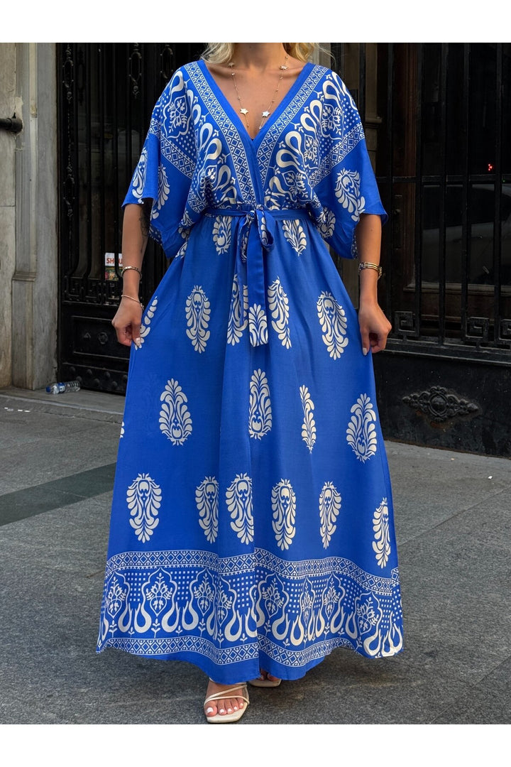 (4P.PACK) Printed V-Neck Belted Maxi Dress in Blue