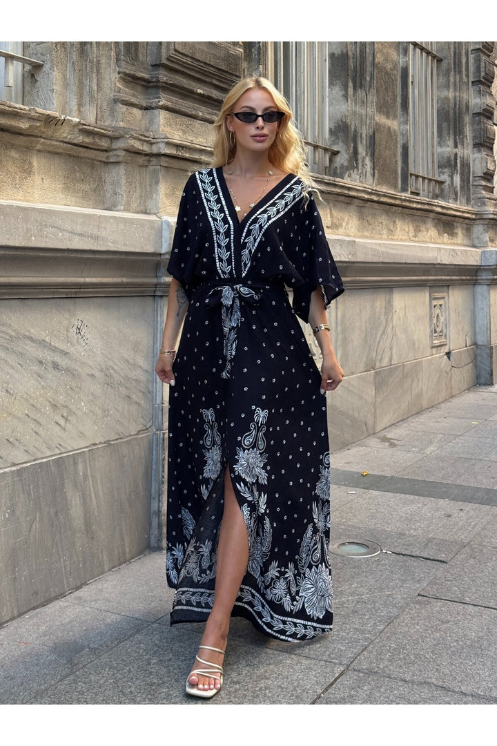 (4P.PACK) Printed V-Neck Belted Maxi Dress in Black