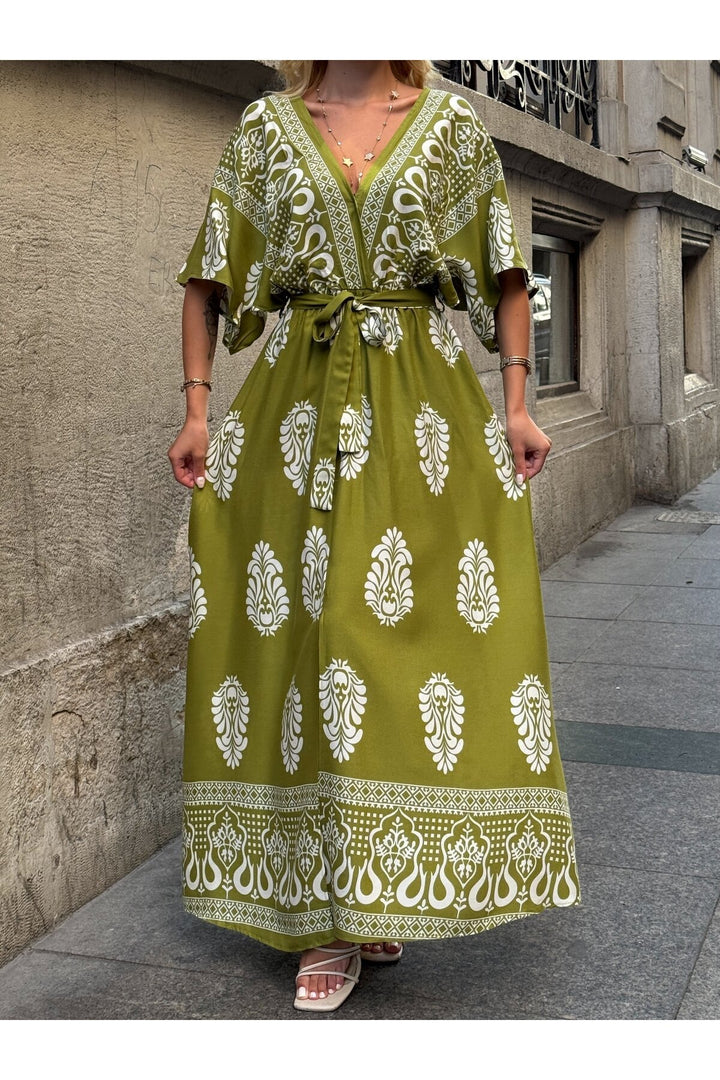 (4P.PACK) Printed V-Neck Belted Maxi Dress in Lime