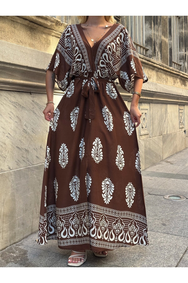 (4P.PACK) Printed V-Neck Belted Maxi Dress in Brown