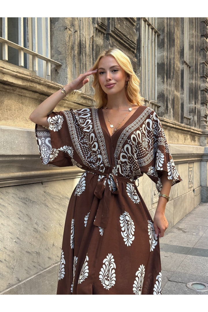 (4P.PACK) Printed V-Neck Belted Maxi Dress in Brown