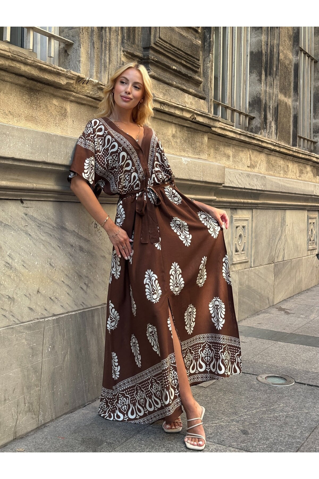 (4P.PACK) Printed V-Neck Belted Maxi Dress in Brown
