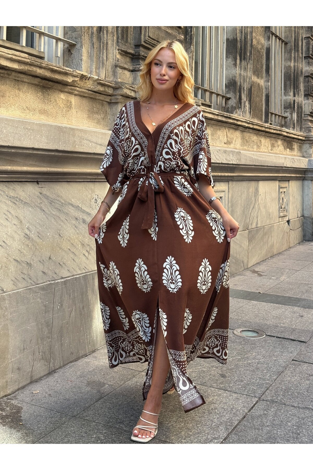 (4P.PACK) Printed V-Neck Belted Maxi Dress in Brown