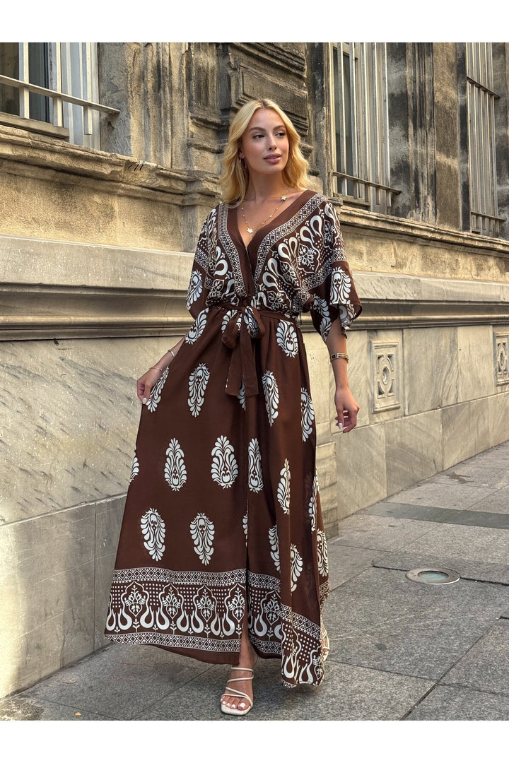 (4P.PACK) Printed V-Neck Belted Maxi Dress in Brown