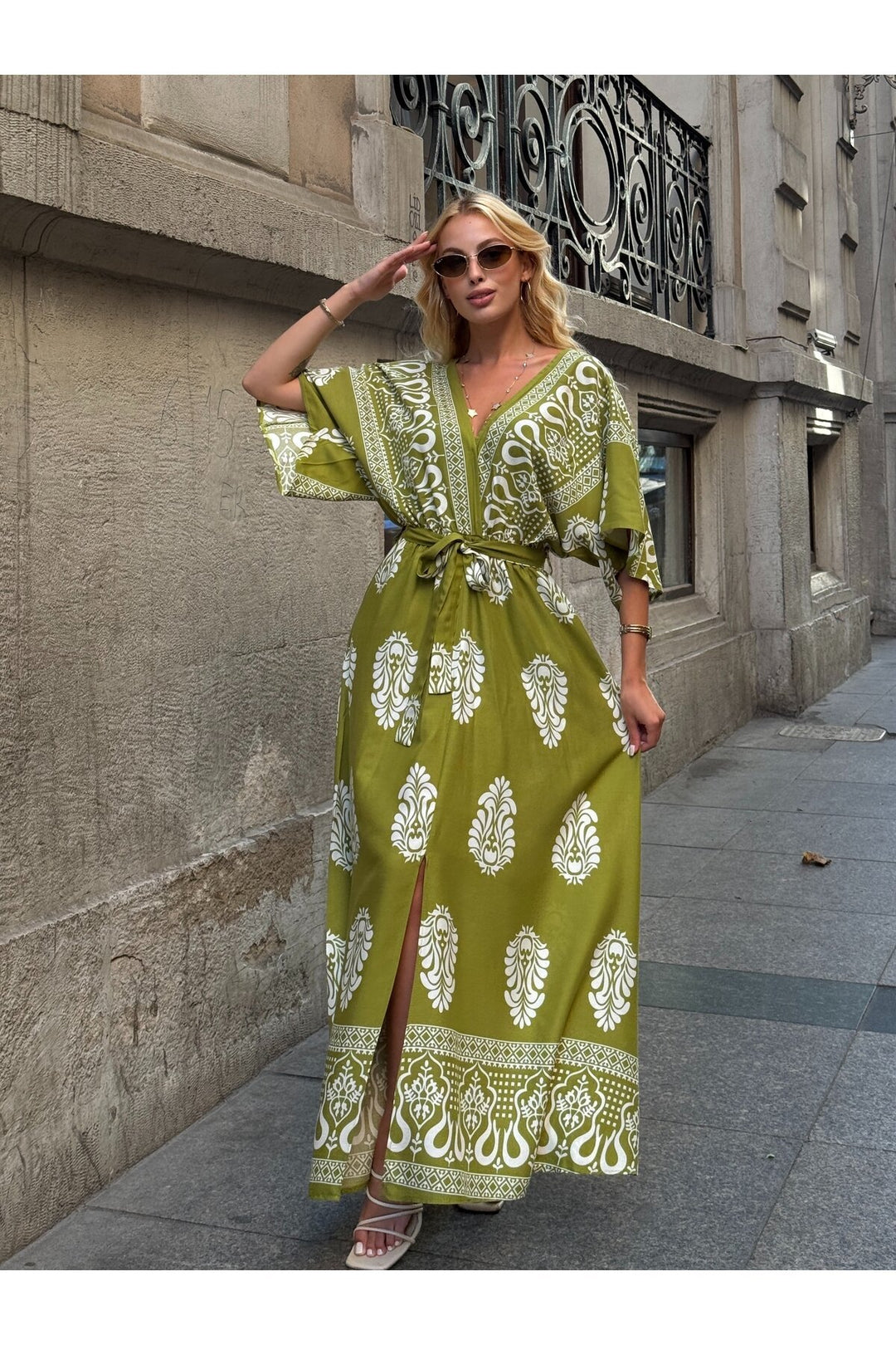 (4P.PACK) Printed V-Neck Belted Maxi Dress in Lime