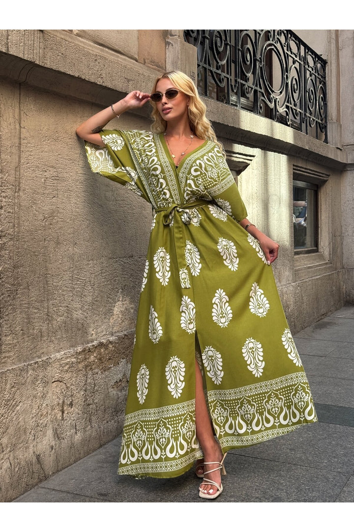(4P.PACK) Printed V-Neck Belted Maxi Dress in Lime