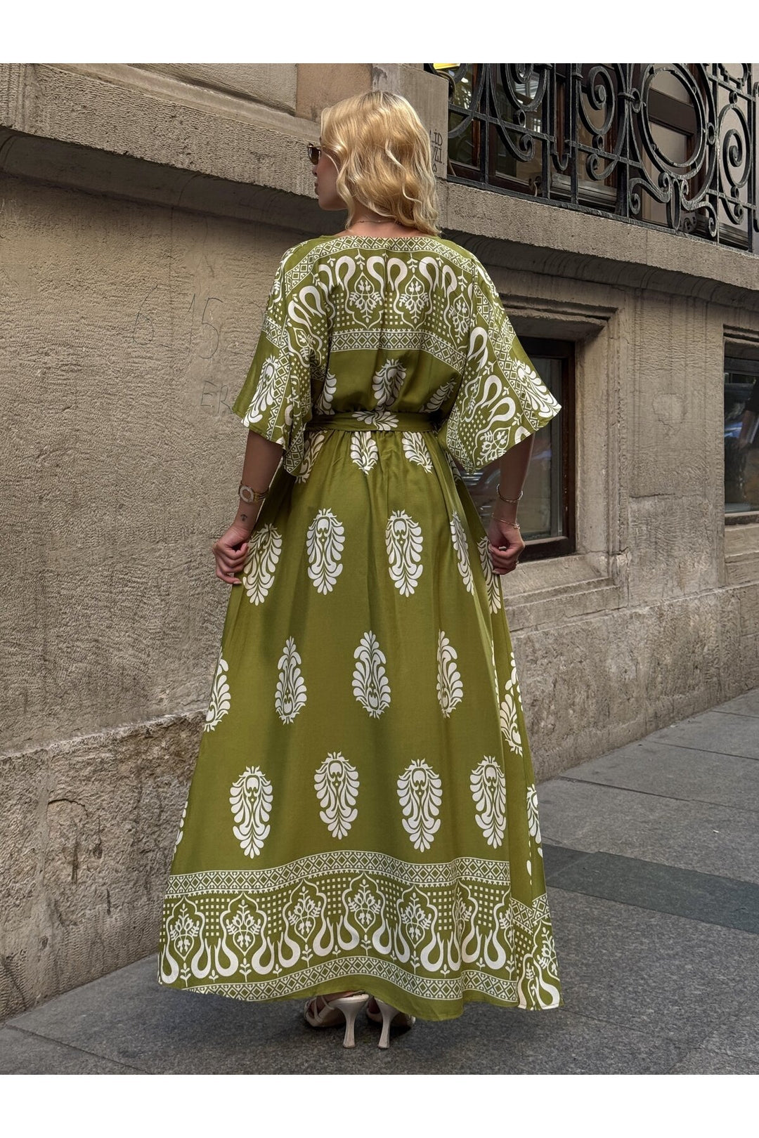 (4P.PACK) Printed V-Neck Belted Maxi Dress in Lime