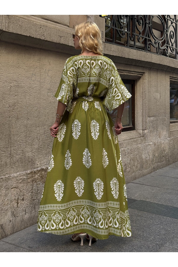 (4P.PACK) Printed V-Neck Belted Maxi Dress in Lime