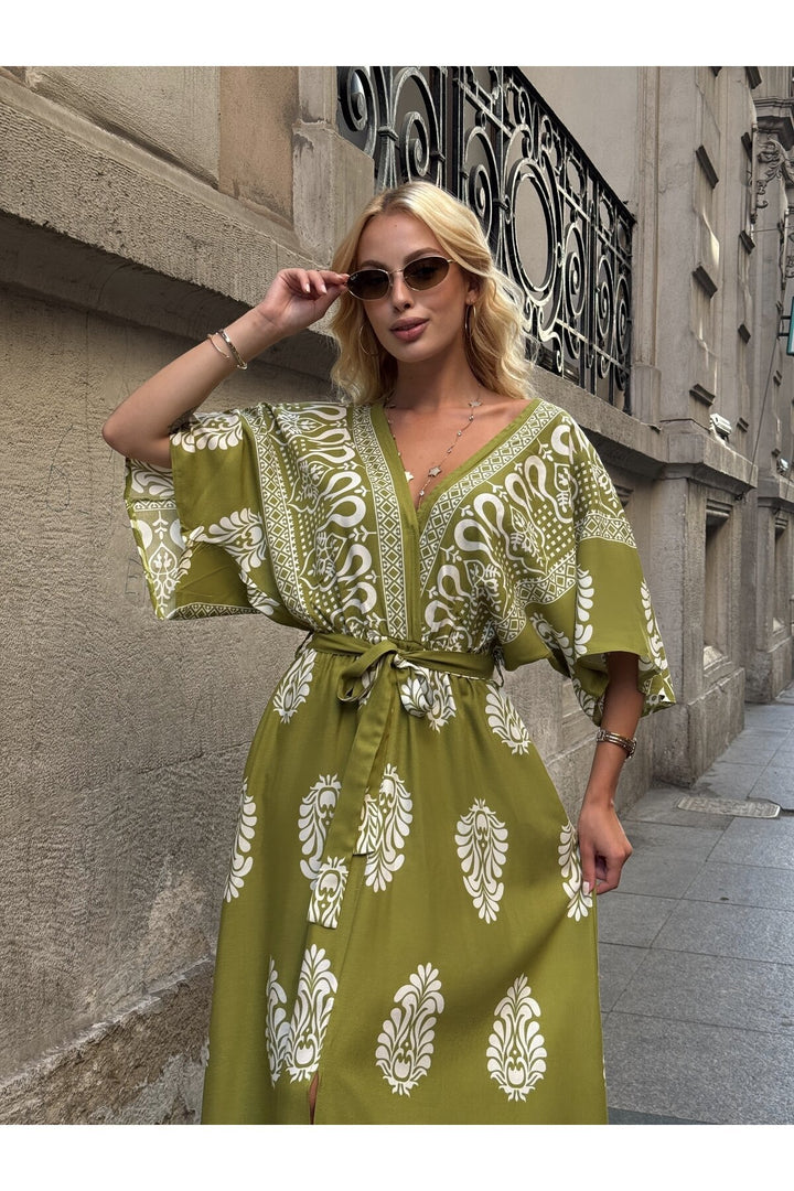 (4P.PACK) Printed V-Neck Belted Maxi Dress in Lime