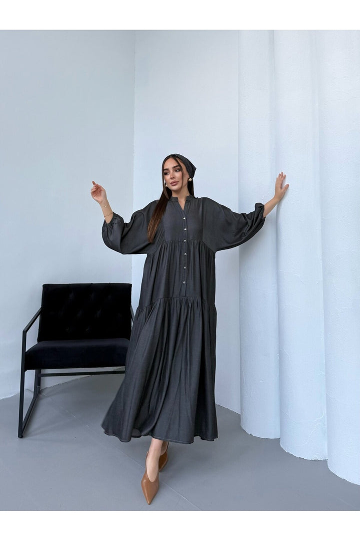 (4P.PACK) Buttoned Oversized Maxi Dress in Black