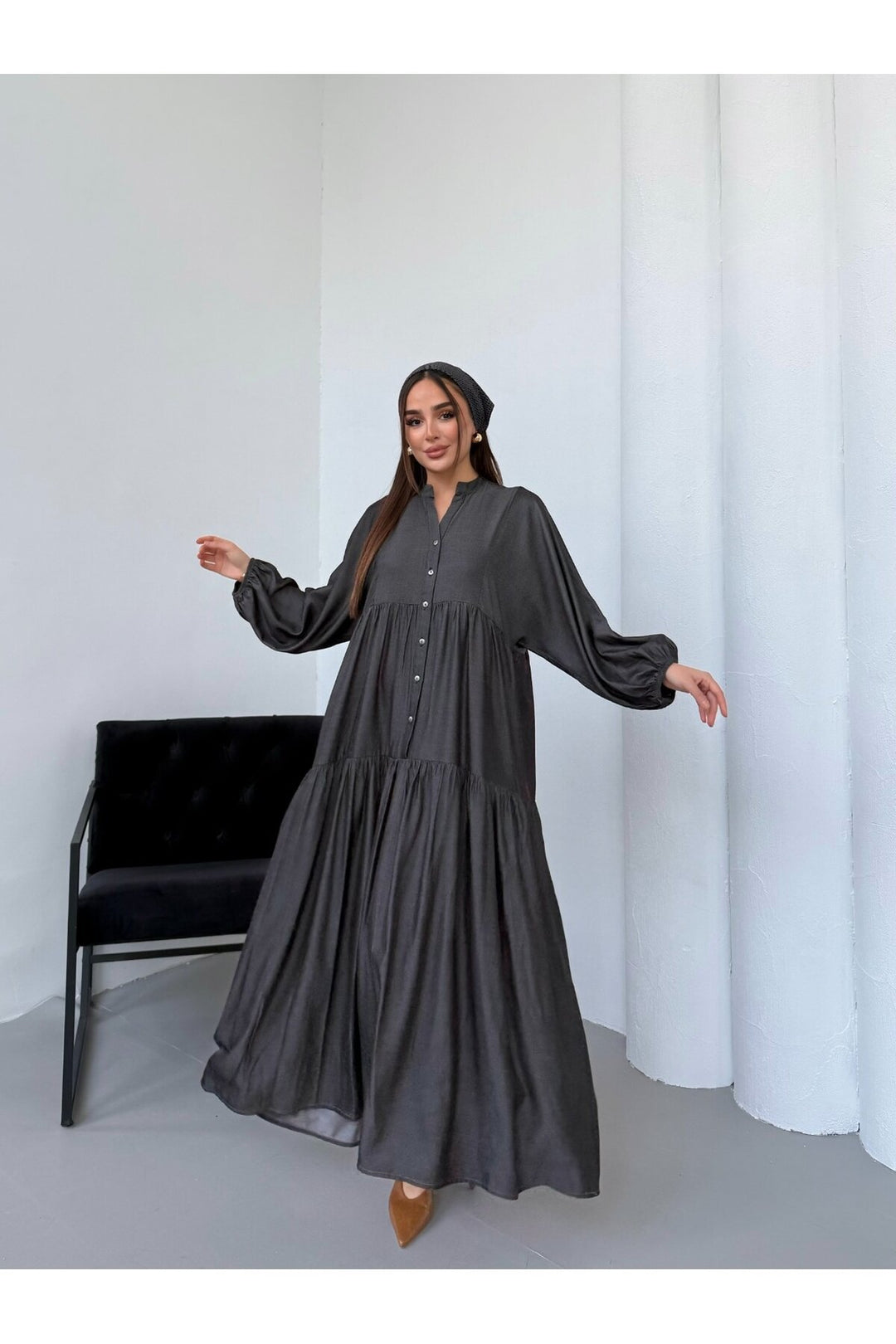 (4P.PACK) Buttoned Oversized Maxi Dress in Black