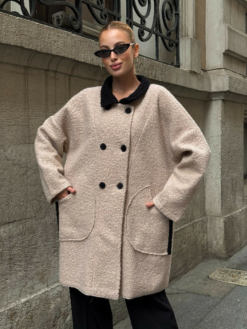 Contrast Collar Bouclé Button Coat in Beige - jqwholesale.com