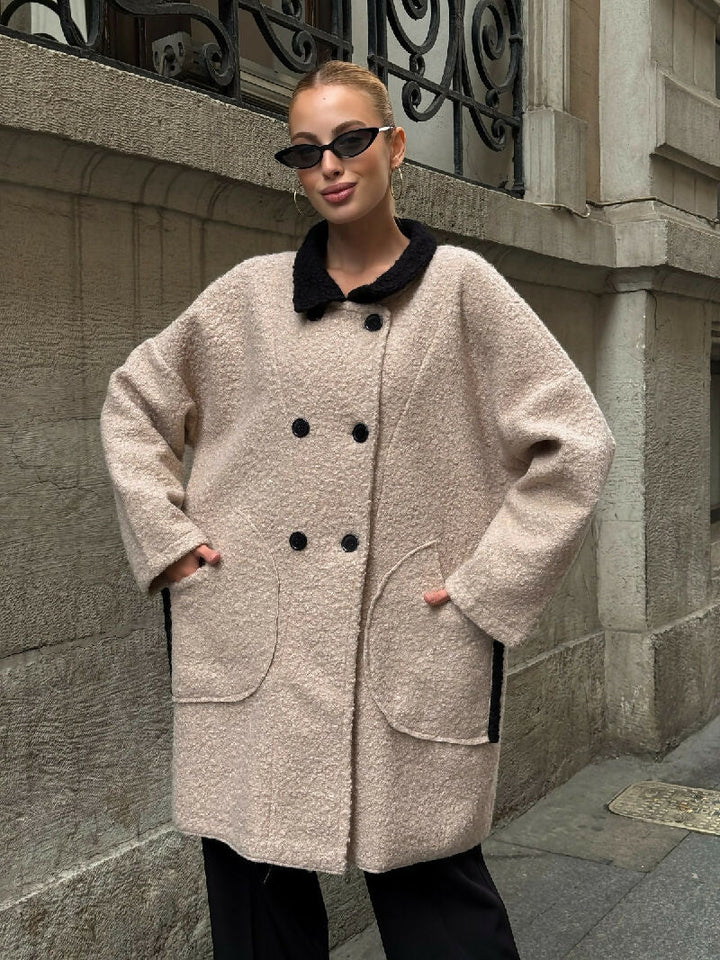 Contrast Collar Bouclé Button Coat in Beige - jqwholesale.com