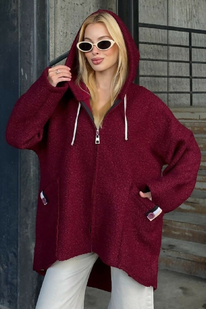 Cozy Zip-Up Teddy Hooded Jacket in Burgundy - jqwholesale.com